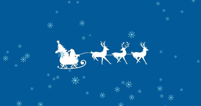 Animation of snowflakes falling over santa claus in sleigh being pulled by reindeers