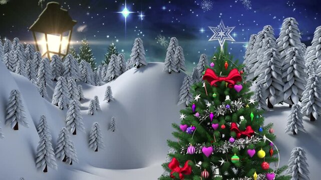 A digital animation of snow falling on a cute village in a forest