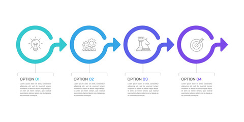 Business infographic with 4 circular steps and arrows for workflow process. Presentation, Timeline and Plan. Vector illustration.