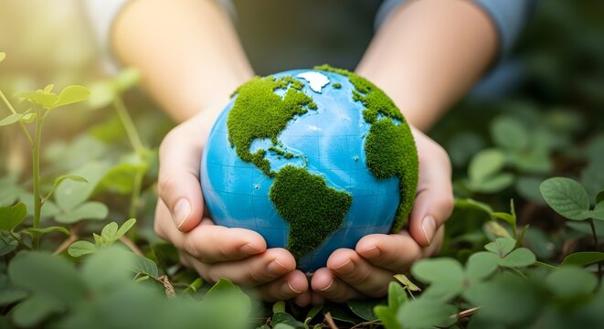 Hands cradling the earth globe in lush greenery