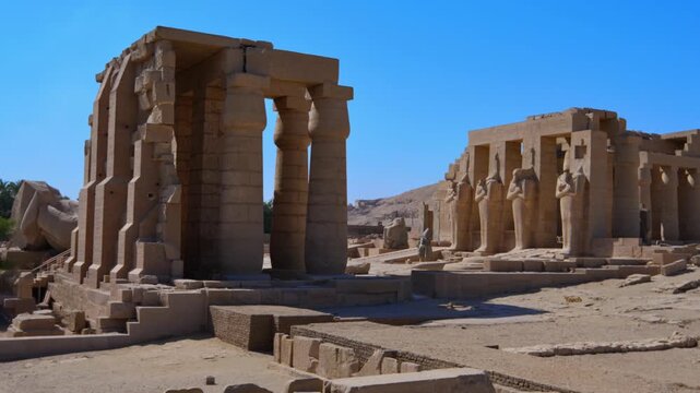 Ruins of Ramesseum mortuary temple with giant Ramesses II Osiride statues. It is located in the Theban necropolis in Upper Egypt, across the River Nile from the modern city of Luxor. Egypt.