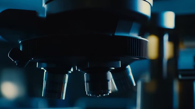 Scientific microscope objective lens focuses on a sample slide, crucial for conducting medical research, biology studies, and technological advancements in a professional laboratory environment