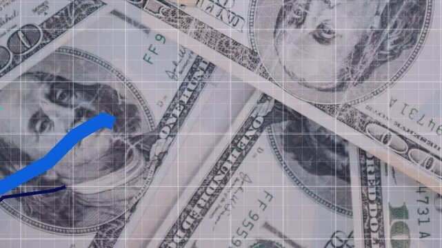 Animation of multiple graphs and grid pattern over us dollar bills in background