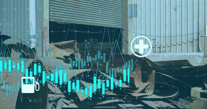 Animation of icons and graphs over pile of metal scrap in dumping yard