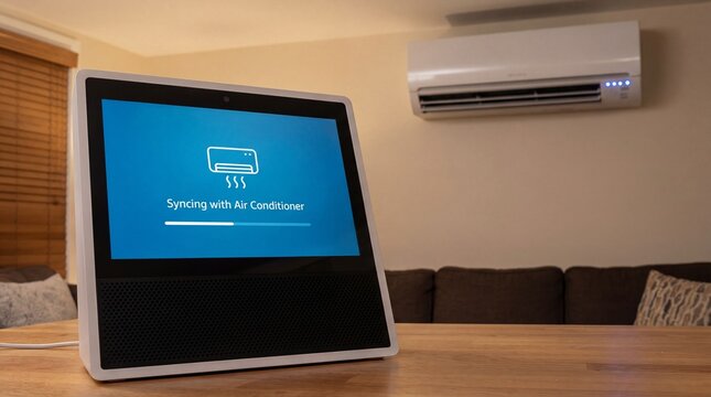 Ceiling cassette air conditioning with ventilation parts concept. Smart device syncing with air conditioner for modern convenience.