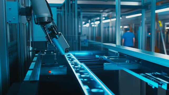 Robotic arm precisely processing a component on a manufacturing assembly line, highlighting modern industrial automation and advanced technology in a smart factory environment