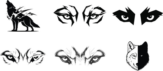 Collection of wolf face and eye illustrations in various artistic styles and expressions © Betty