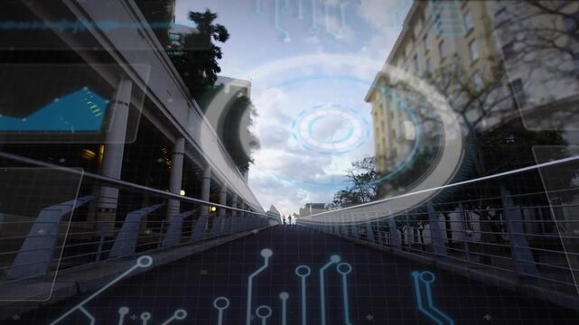Animation of interface with data processing against time-lapse of people walking on city bridge
