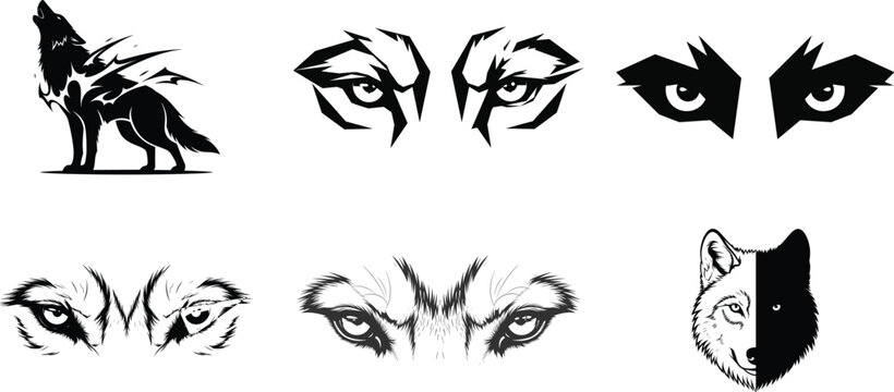Collection of wolf face and eye illustrations in various artistic styles and expressions