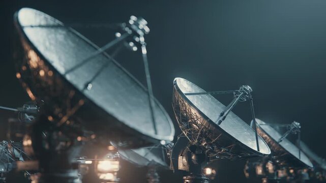 Large parabolic satellite dishes working together, collecting and transmitting data, symbolizing global communications, space exploration, and scientific research