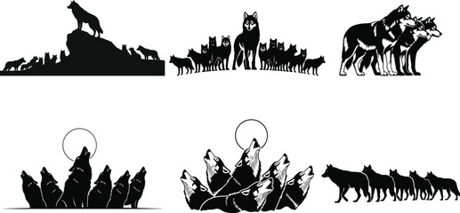 Fototapeta premium Collection of wolf and dog silhouettes in various scenes and formations