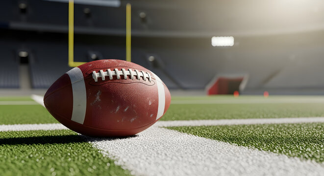American Football Placed on Green Field Ready for Game.