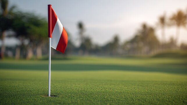 flagstick. A red and white flagstick on a green golf course in soft morning light. event key visuals, club posters, designed for sports event promotions and stadium branding.