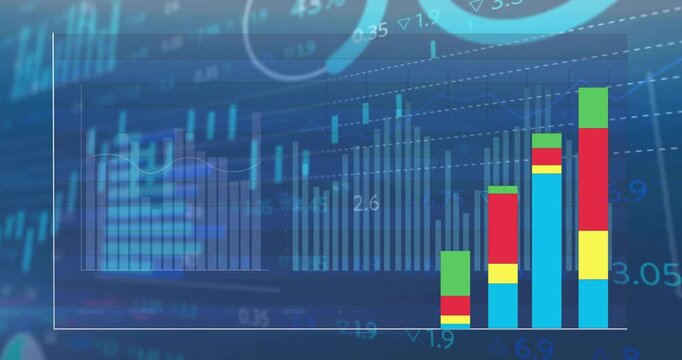 Animation of colourful graph over charts and data processing on blue background