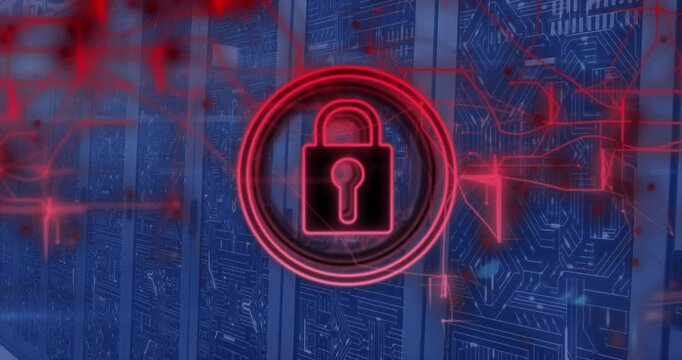 Animation of padlock icon and data processing over computer servers