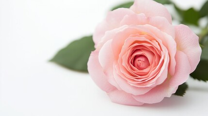 Fototapeta premium Pink Rose's Soft Embrace: An exquisite pink rose, with its delicate petals unfurling in a graceful display, rests gently, embodying the essence of beauty and tenderness.