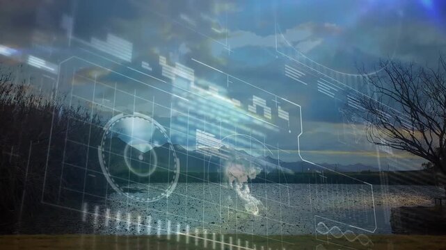 Futuristic data interface animation over serene lake and mountain landscape
