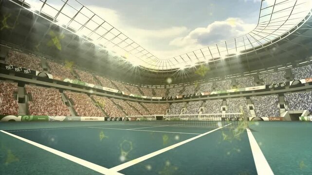 Panoramic tennis court spanning flat design stadium scene, featuring crowd, banners, floodlights
