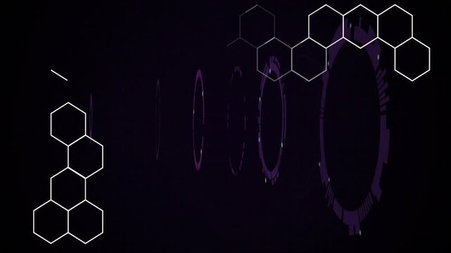 Semi-transparent purple rings floating across flat design interface revealing white honeycomb grid