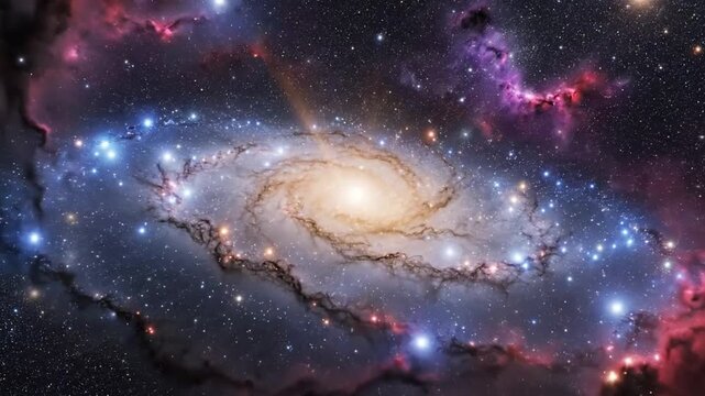 Spiral galaxy rotating in deep space with glowing stars and colorful nebula clouds for scientific and astronomy branding.