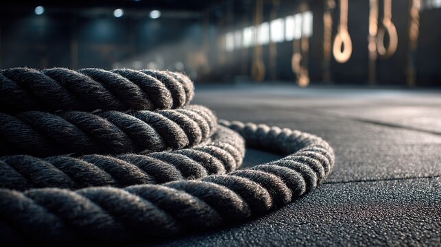 coiled. Coiled battle ropes on a gym floor, showcasing textured rubber and soft overhead lighting. event key visuals, club posters, designed for sports event promotions and stadium branding.