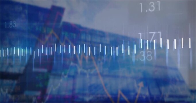 Starting glass facade vertical bars pulsing and orange line graph tracing numbers visualizing data