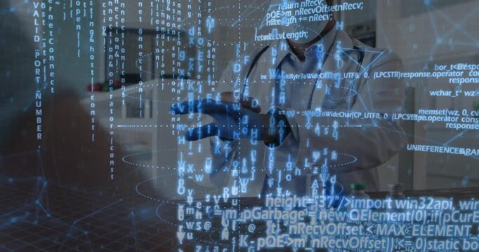 Doctor conducting medical consultation at desk, brandishing stethoscope with floating data hologram