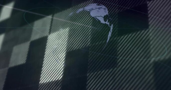 When loading, map fragments drifting from digital grid converging into rotating globe for data view