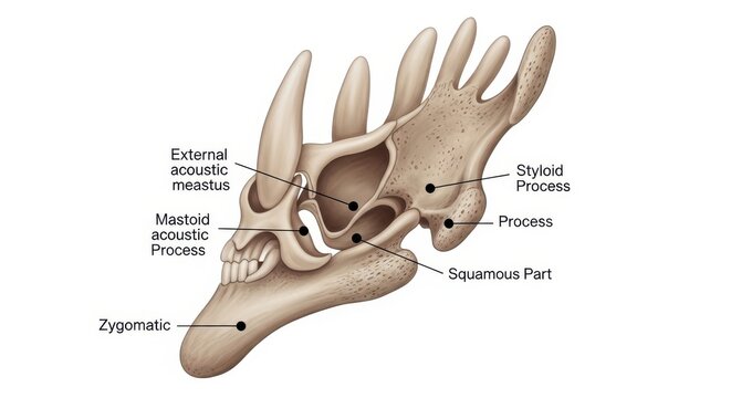 Anatomical diagram of the temporal bone highlighting key processes and meatus isolated on white background