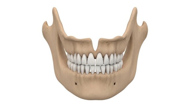 Anatomical model of a human mandible and dentition displayed from below isolated on white background