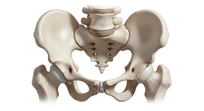 Anterior view of the human pelvic girdle with highlighted sacrum area isolated on white background