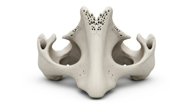 Anatomical model of a human vertebral body with porous internal structure and transverse processes isolated on white background