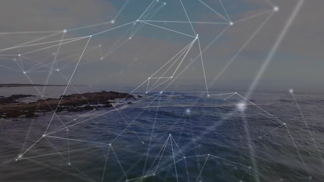 On playback mesh starting, nodes drifting, pulsing, beams sweeping over seascape to visualize data