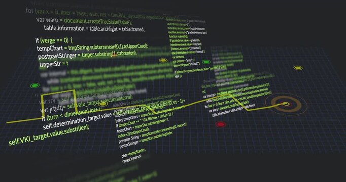 Camera dollying forward, code panels rotating and yellow path drawing nodes to visualize data flow