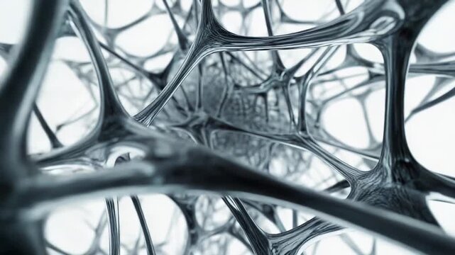 Abstract neural network structure developing connections and communication, creating a complex web of interwoven metallic threads on a light background