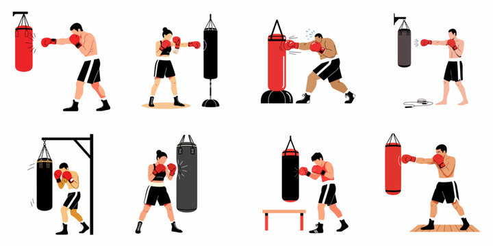 A collection of flat vector illustrations depicting diverse male and female boxers training with punching bags in various poses and gym settings.