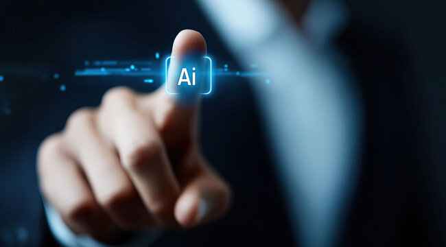 blurrred Business professional finger touches glowing AI icon button against dark futuristic digital backdrop.