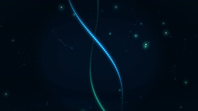 Abstract digital visualization of glowing blue and green DNA strands intertwined against a dark cosmic background