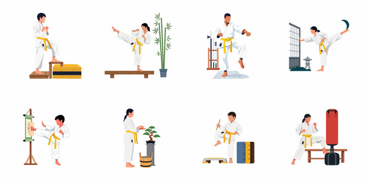 Set of diverse people in white uniforms with yellow belts practicing karate and martial arts with various traditional and modern training equipment.