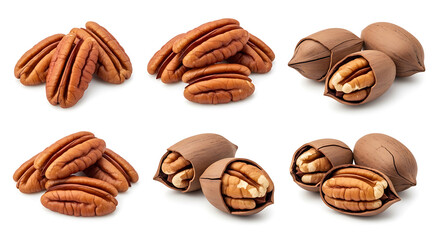 Fototapeta premium Assorted pecan arrangements featuring whole nuts and shelled halves on transparent background