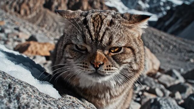 Elusive Pallas Cat Peeking from Rocky Mountain Snow