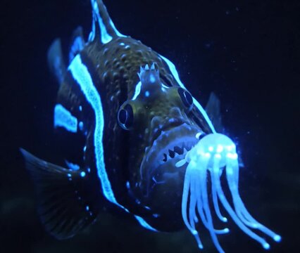 Bioluminescent Anglerfish with Electric Blue Stripes Hunting Prey