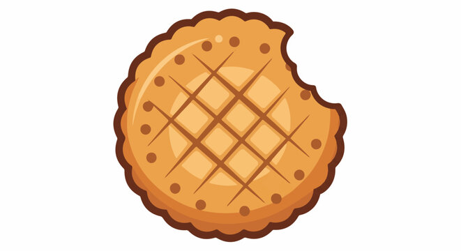 A round, golden-brown cookie with a bite taken out of it and a waffle pattern