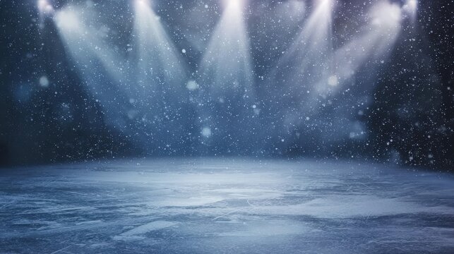 Snow-covered ice rink with dramatic lighting, empty and serene, great for use in advertisements for winter sports, or as a background for digital art.