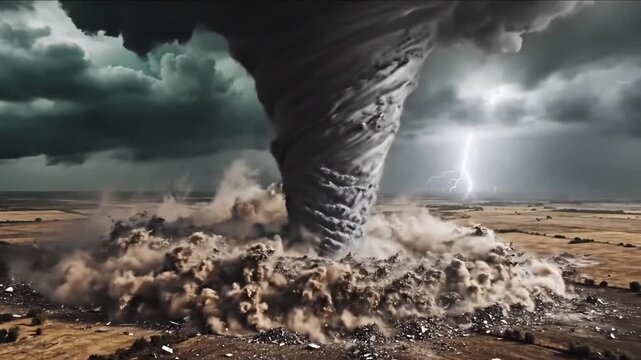 A powerful tornado carves a path of destruction through an open field while lightning strikes in the dark stormy skies.