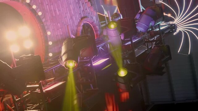 A night street with bars, restaurants, dance clubs, strip bars, casinos and other entertainment venues, where brightly colored spotlights shine and neon signs attract visitors and advertising is show