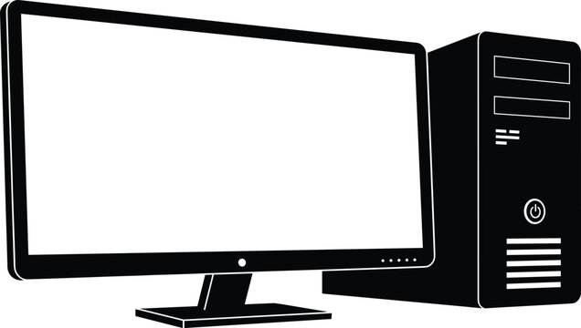 Desktop computer silhouette illustration with widescreen monitor and CPU tower, technology hardware icon design for workstation, gaming, office, and digital computing