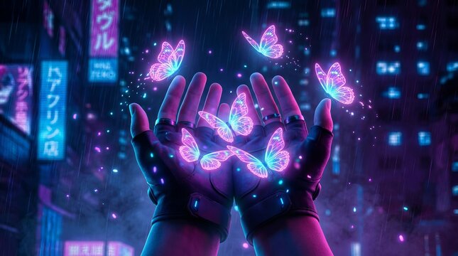 Hands releasing glowing neon butterflies in a vibrant, futuristic cityscape at night