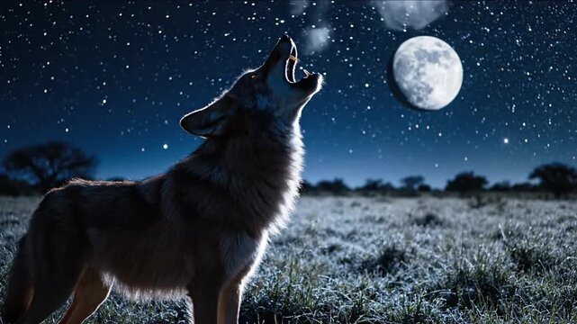 Maned Wolf Howling at the Full Moon Under a Starry Night