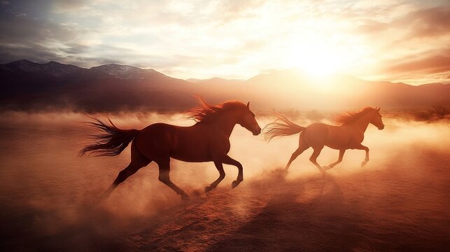 galloping. Galloping horses create a dust cloud in the desert, capturing dynamic movement and energy. event key visuals, club posters, designed for sports event promotions and stadium branding.